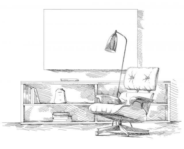 Cartoon shaded living room featuring professional floating shelf installation and furniture assembly by Trusty Justin